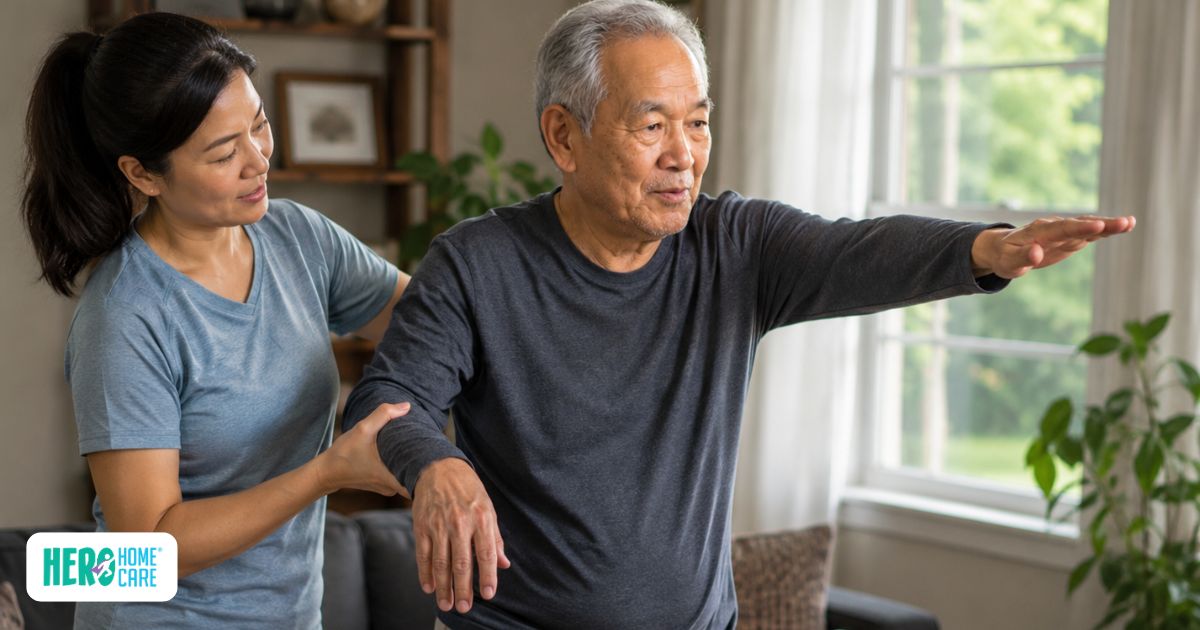 Caregiver supporting a senior during stroke rehabilitation exercises at home