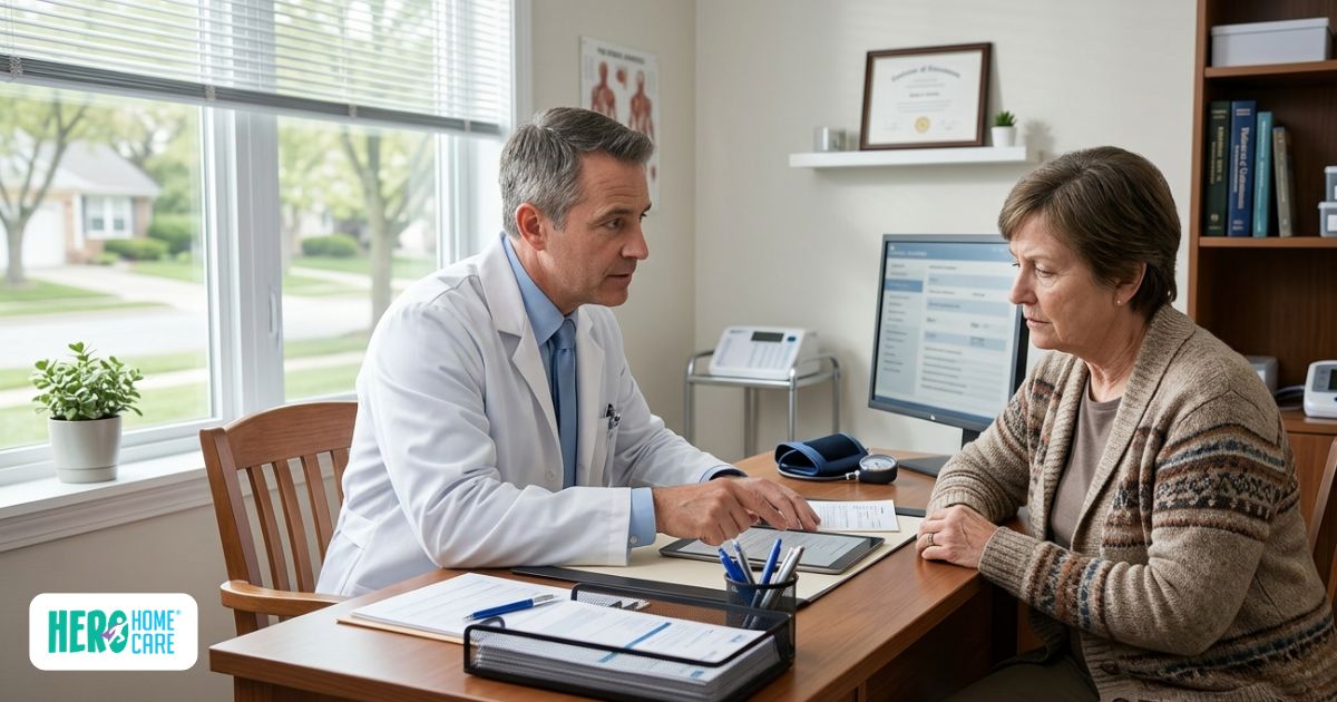 Doctor consulting with a caregiver about medication for dementia wandering at night