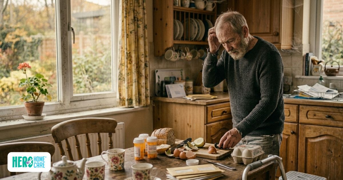 Senior adult struggling with memory or concentration during daily tasks, representing warning signs of underlying health problems