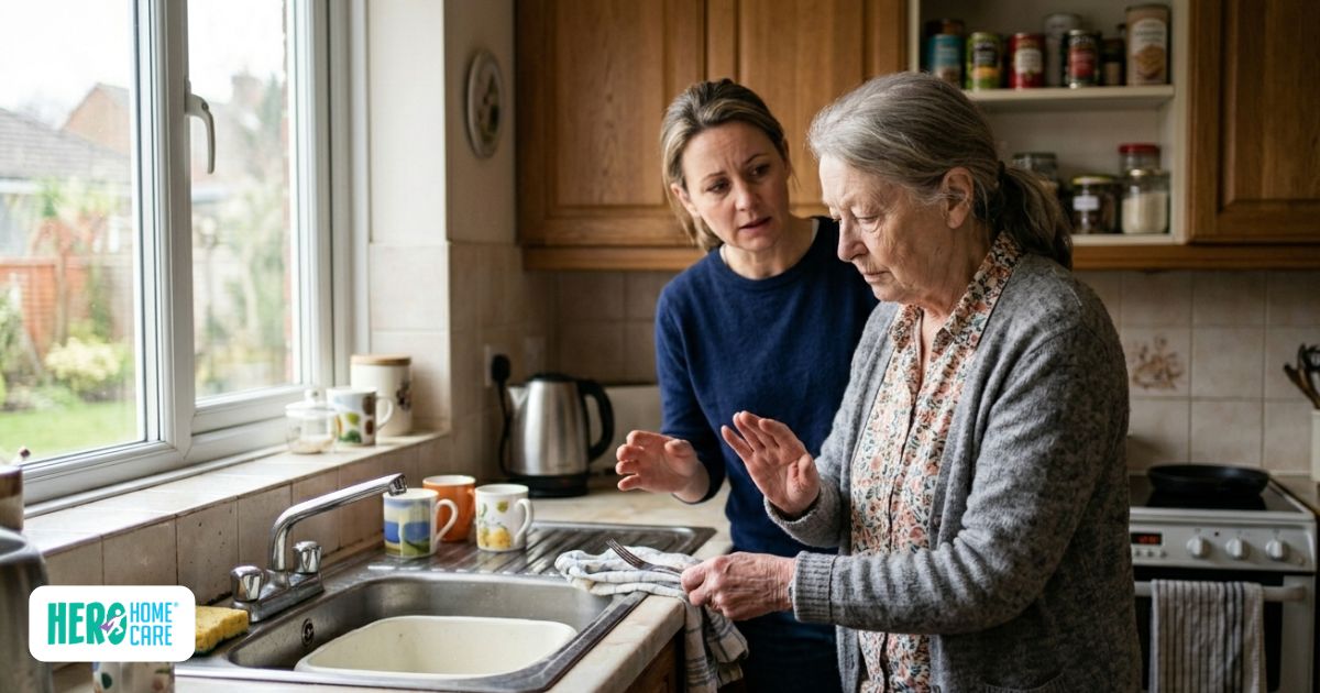 Senior parent avoiding help in the kitchen while an adult daughter shows concern about hidden health issues and independence