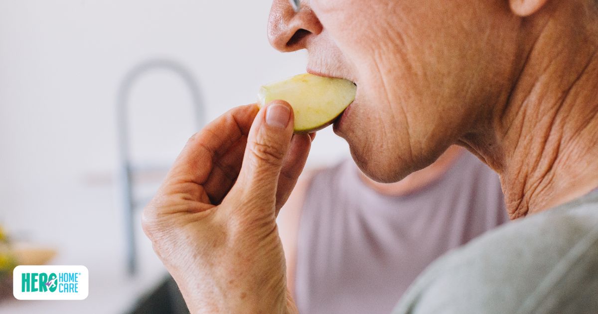 Elderly person eating healthy food to support senior wellness at home