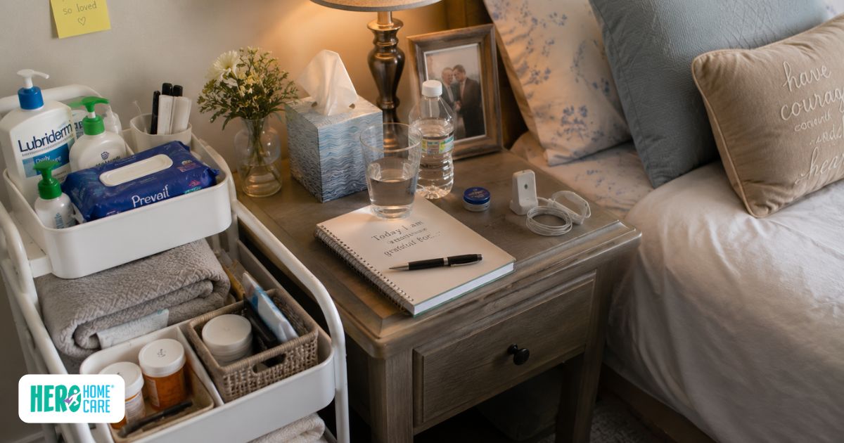 Organized bedside care station stocked with personal care items, medications, hydration supplies, and essential daily-use products