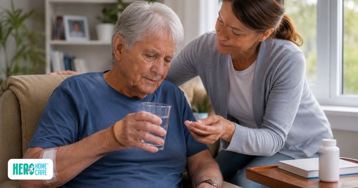 Caregiver assisting a senior with medication and hydration during post-surgical recovery at home, illustrating the benefits of home care support for safety, comfort, and recovery management
