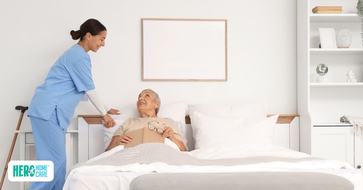 Caregiver assisting an older adult with a calm bedtime routine, helping them settle comfortably in bed as part of a consistent evening schedule for dementia care