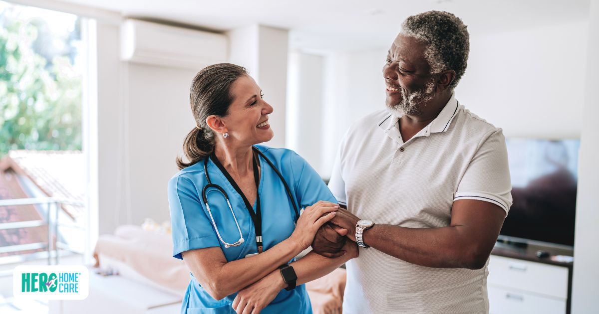Professional caregiver supporting an older adult while encouraging independence at home