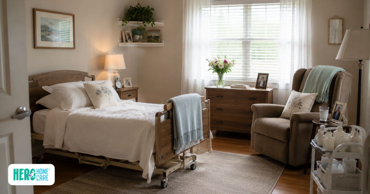 Well-prepared home care room featuring an adjustable care bed, comfortable seating, natural light, and space for caregivers and family members