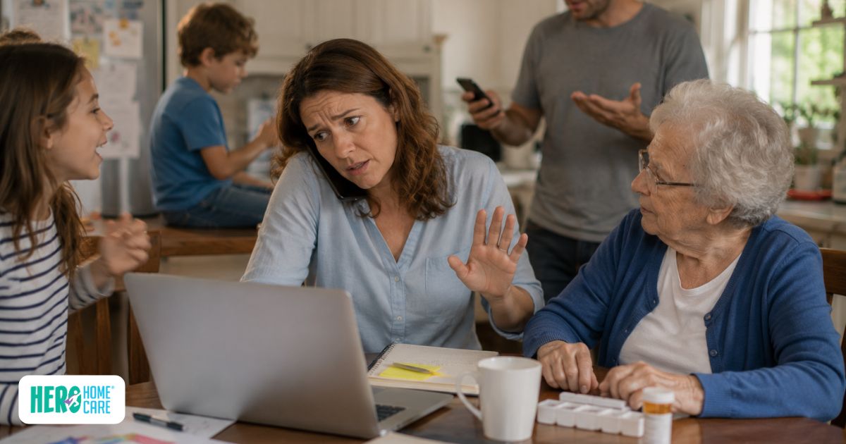Overwhelmed family caregiver managing multiple responsibilities while assisting an older adult with dementia, illustrating common challenges that can disrupt consistent daily care routines