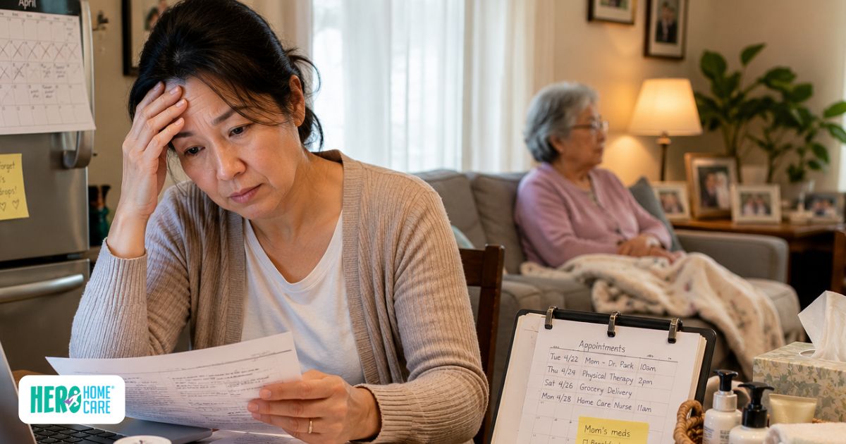 Family caregiver organizing home care arrangements for an elderly parent at home