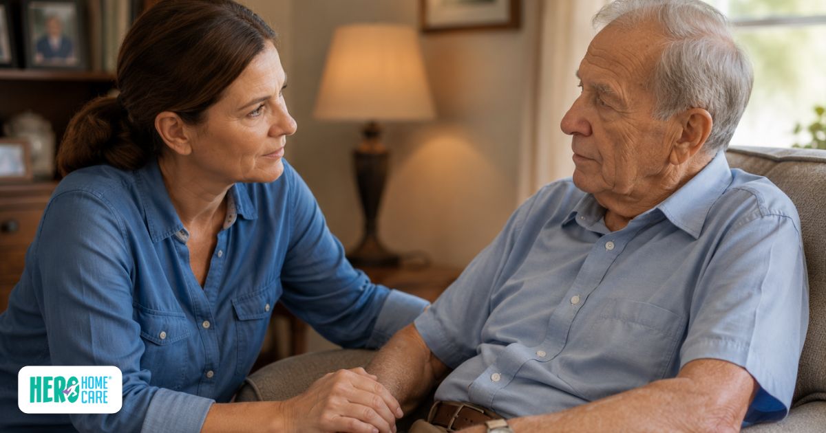 Caregiver using attentive and reassuring communication while assisting a senior with dementia, helping reduce confusion and build trust during daily routines