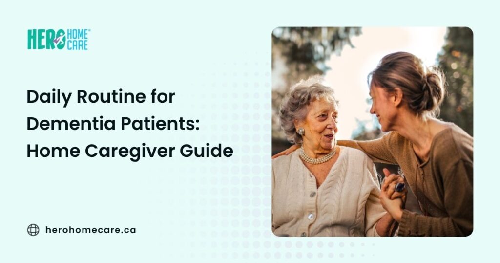Caregiver providing gentle guidance and companionship to an older adult with dementia, illustrating the importance of consistent daily routines and familiar social interactions