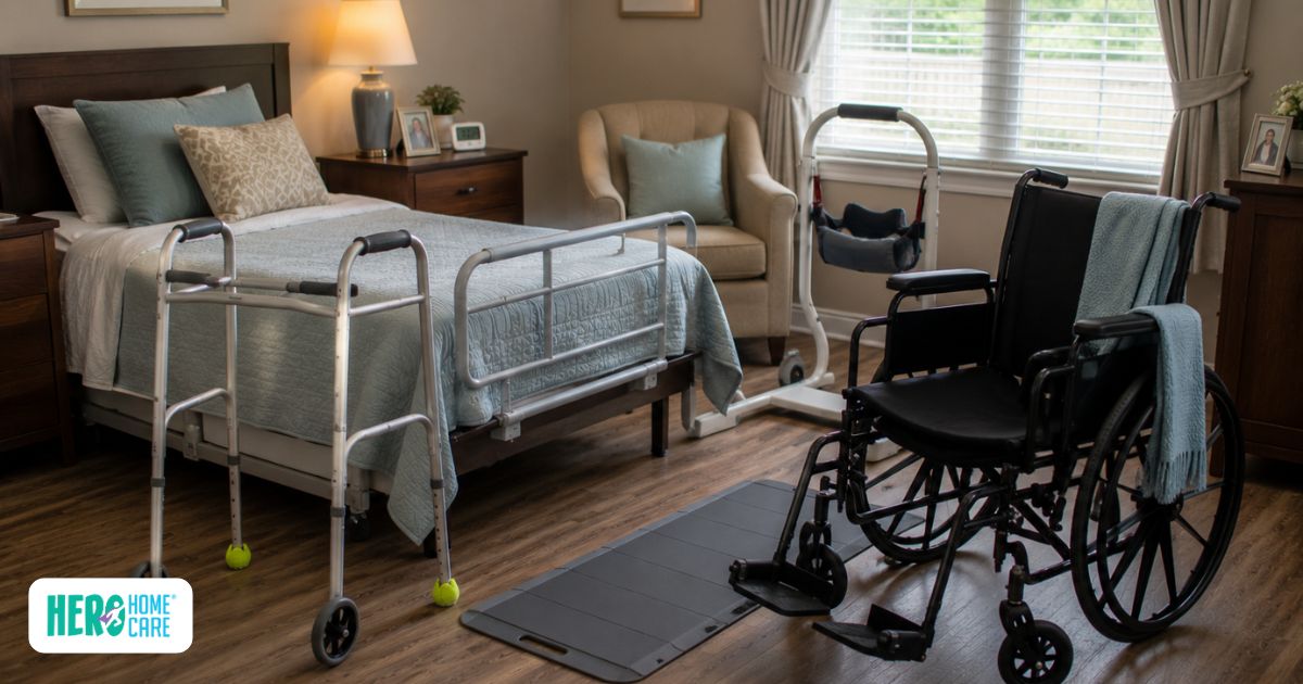 Home care room equipped with a wheelchair, walker, transfer aid, and bed safety equipment to support daily caregiving needs