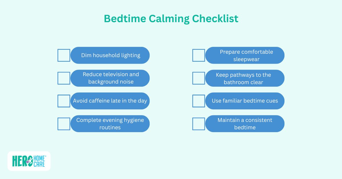 Evening routine checklist for dementia care highlighting practical steps to create a calm and predictable bedtime environment