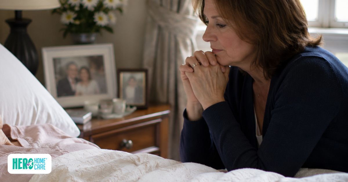 Family member sitting quietly at the bedside of a loved one receiving end-of-life care during the final stage of life