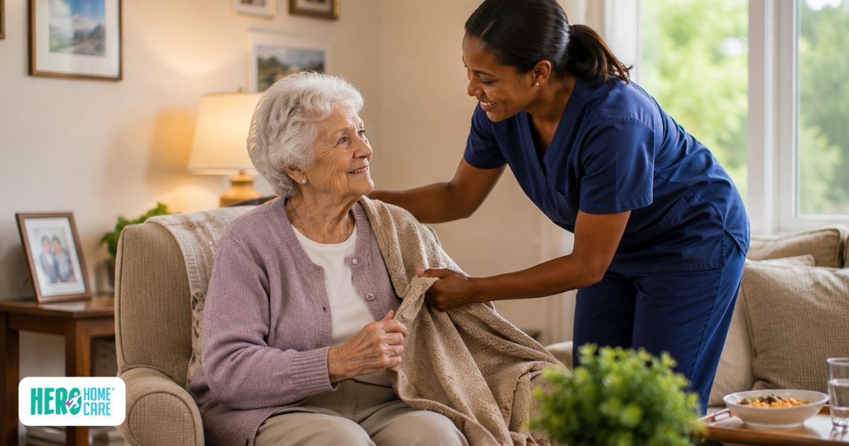 Caregiver providing personalized home care assistance to an older adult at home