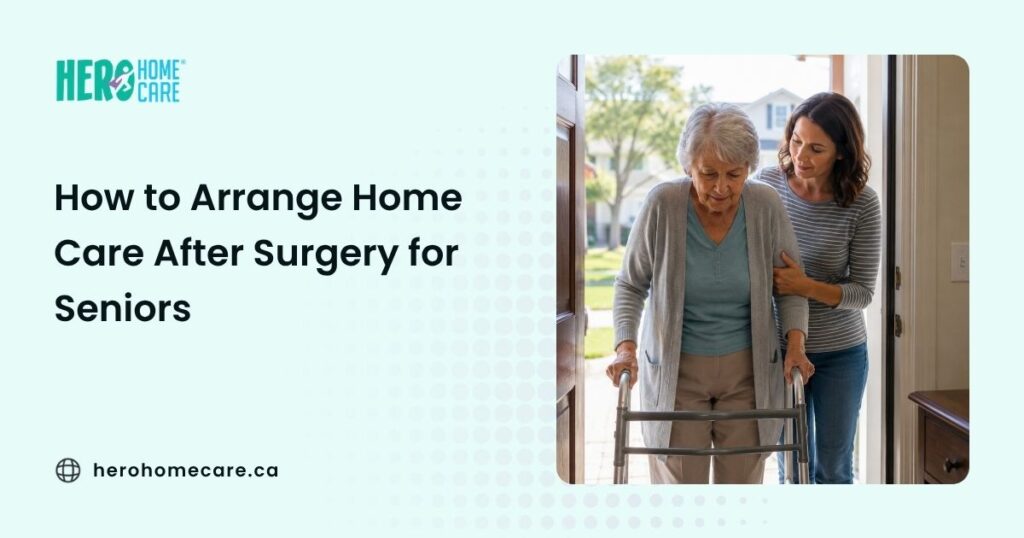 Senior using a walker while being assisted into the home by a family caregiver after surgery, illustrating the need for mobility support and safe recovery during the transition from hospital to home