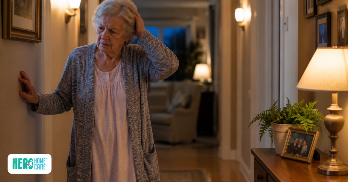 Nighttime dementia-related confusion and wandering behavior in a familiar home environment with warm lighting and visible safety features