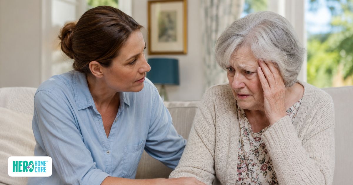 Caregiver using calm, reassuring communication to help an agitated person living with dementia
