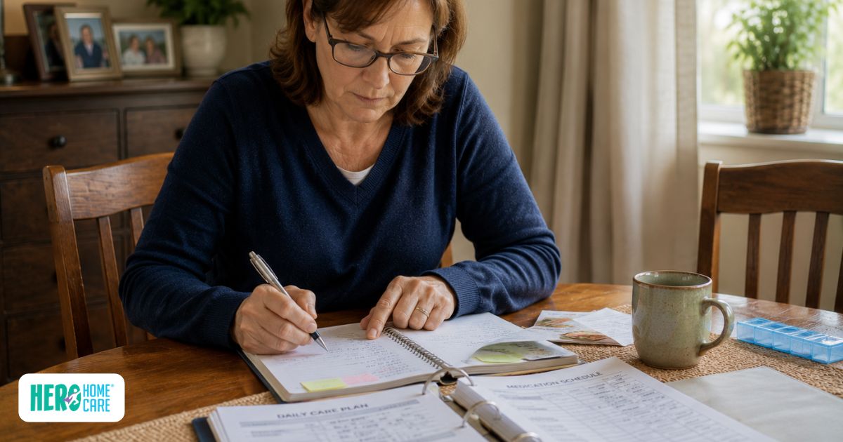 Family caregiver creating a written dementia care plan at home, reviewing schedules, medication information, daily routines, and care notes at a dining table