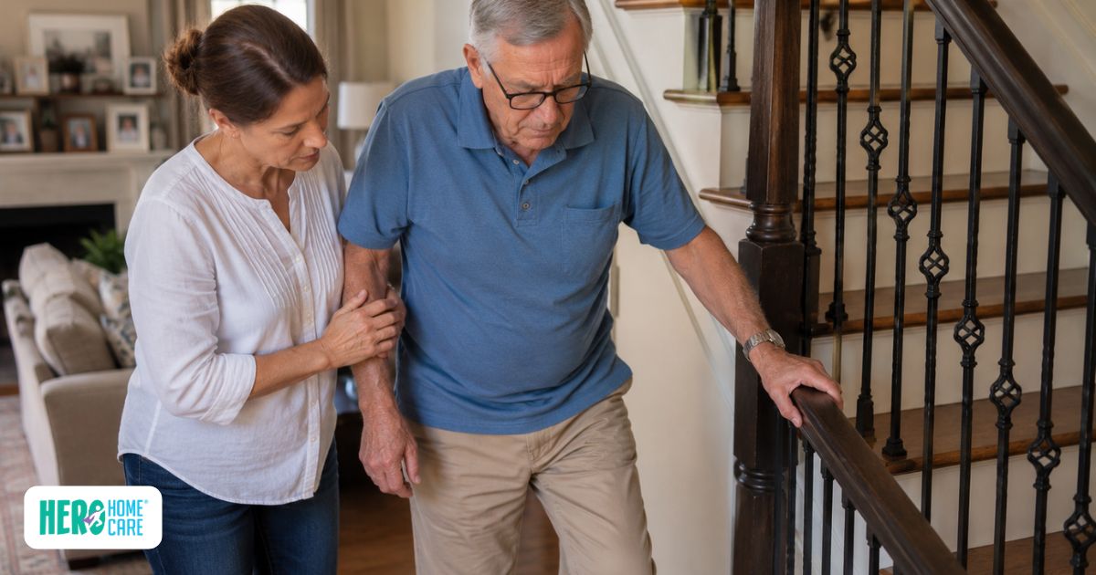  Caregiver helping an older adult use stairs safely at home, demonstrating the evaluation of post-surgical mobility and support requirements