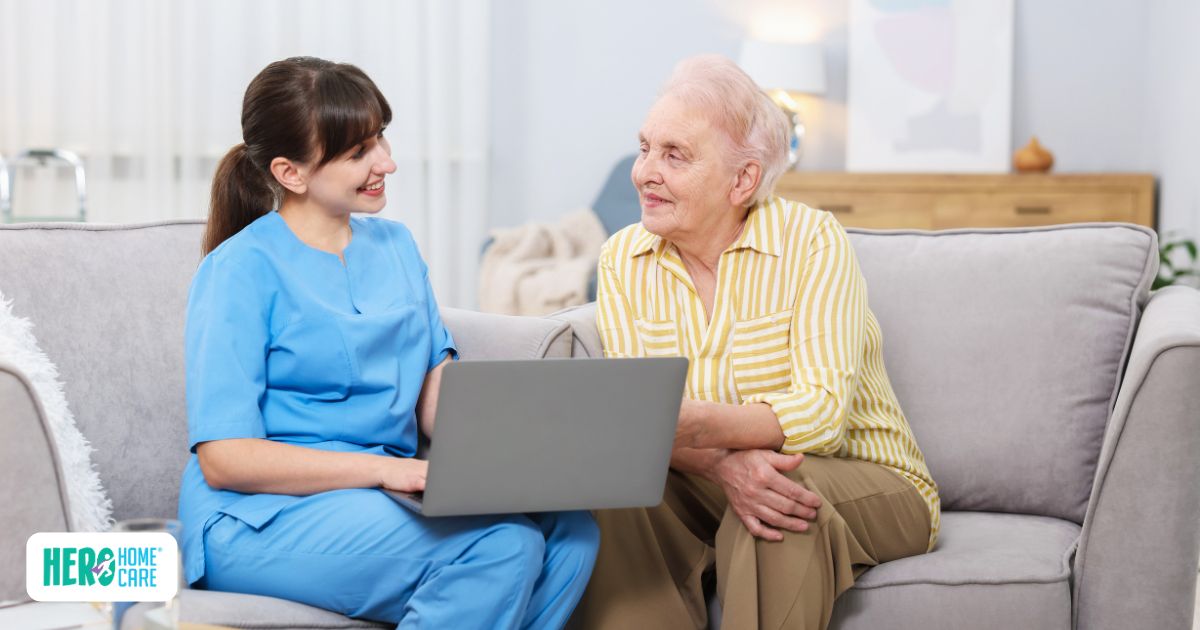 Caregiver guiding a senior through the first steps of starting home care services at home