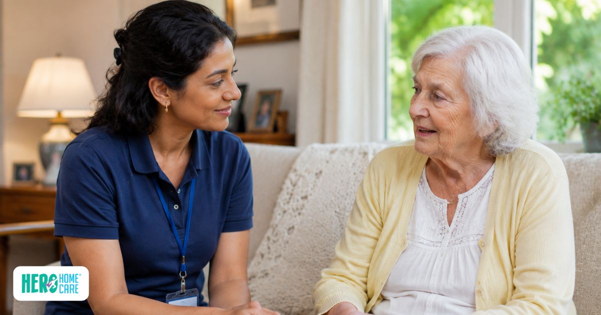 Caregiver using gentle facial expressions, eye contact, and calm body language to reduce agitation