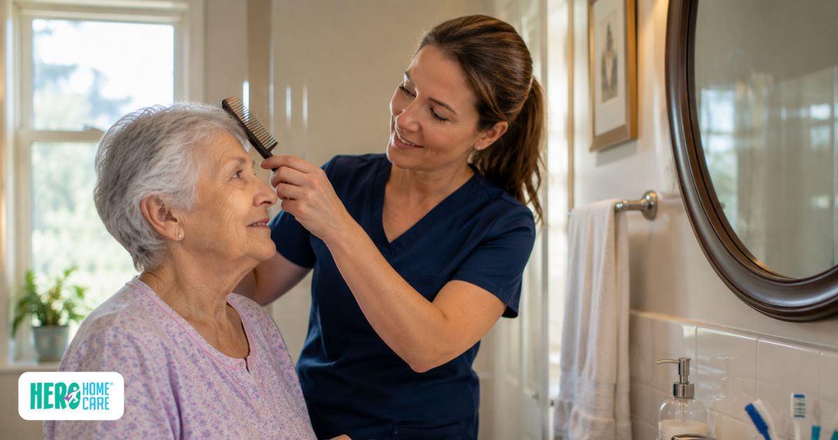 Caregiver assisting an older adult with grooming and personal care in a familiar home environment during advanced illness