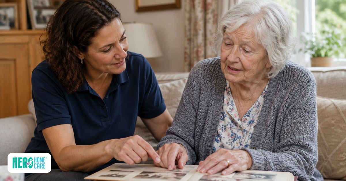 Caregiver gently redirecting attention to familiar photographs to help calm dementia-related agitation