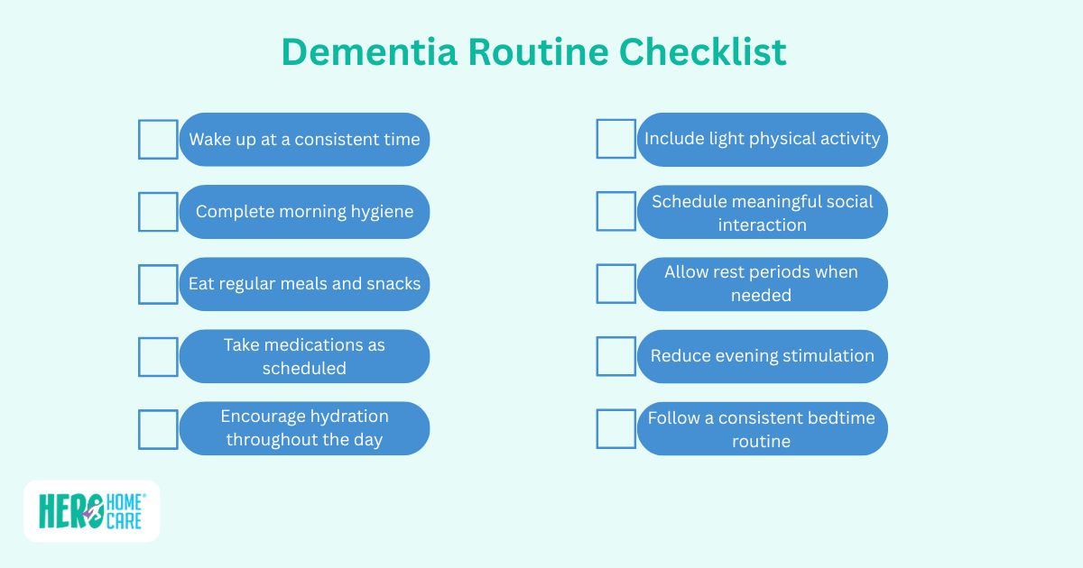 Sample daily dementia care schedule outlining key routine activities that support consistency, comfort, and daily functioning at home