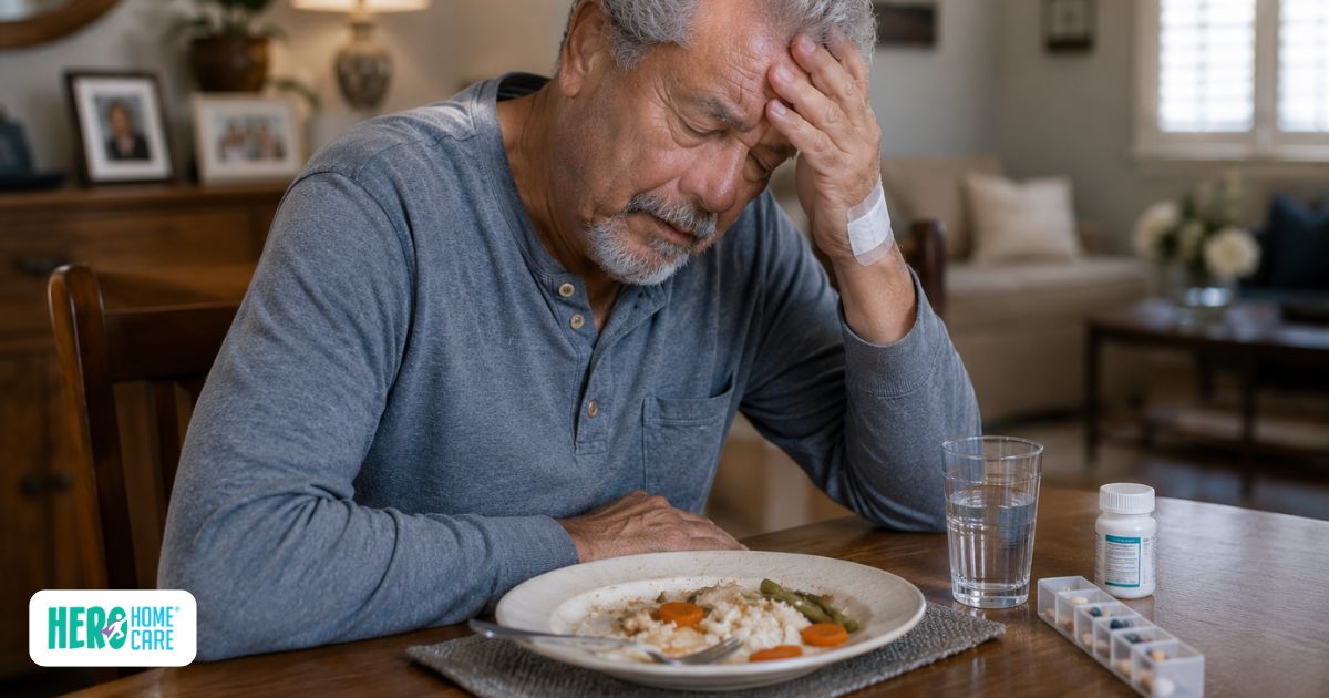 Older adult showing signs of weakness and reduced appetite after surgery, highlighting potential indicators that recovery support should be increased