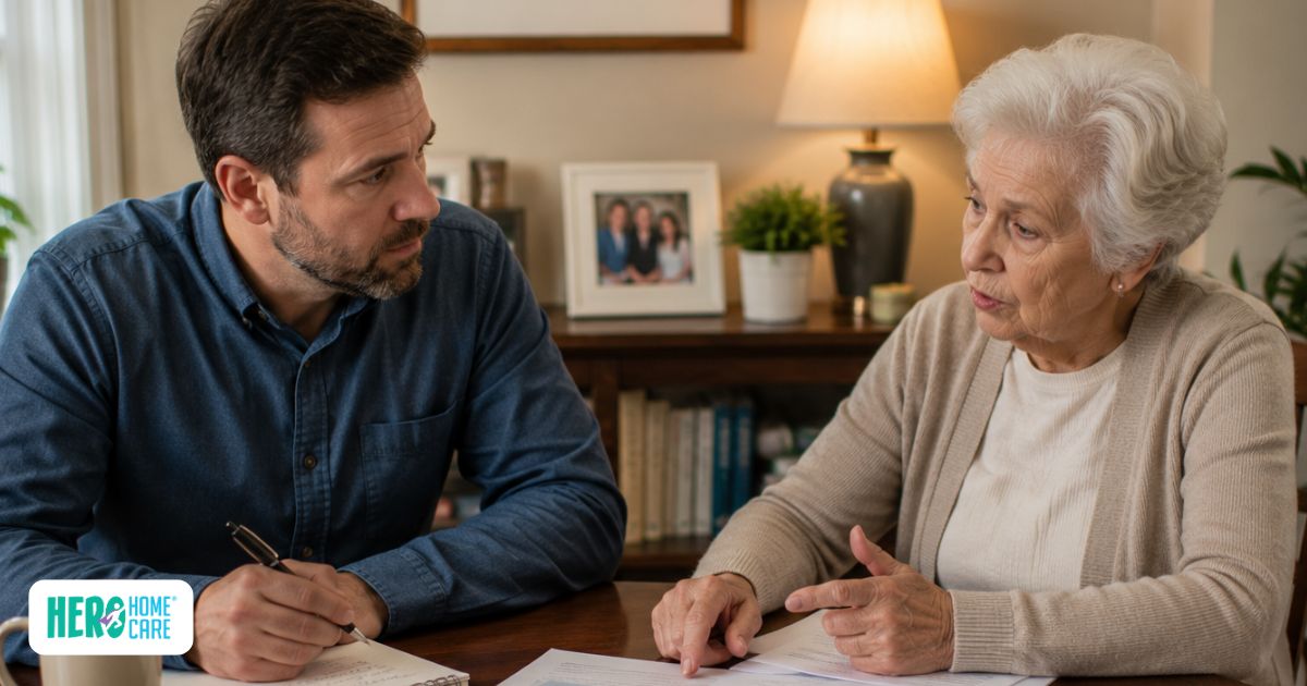 Family member discussing care needs and support requirements with a senior during home care planning