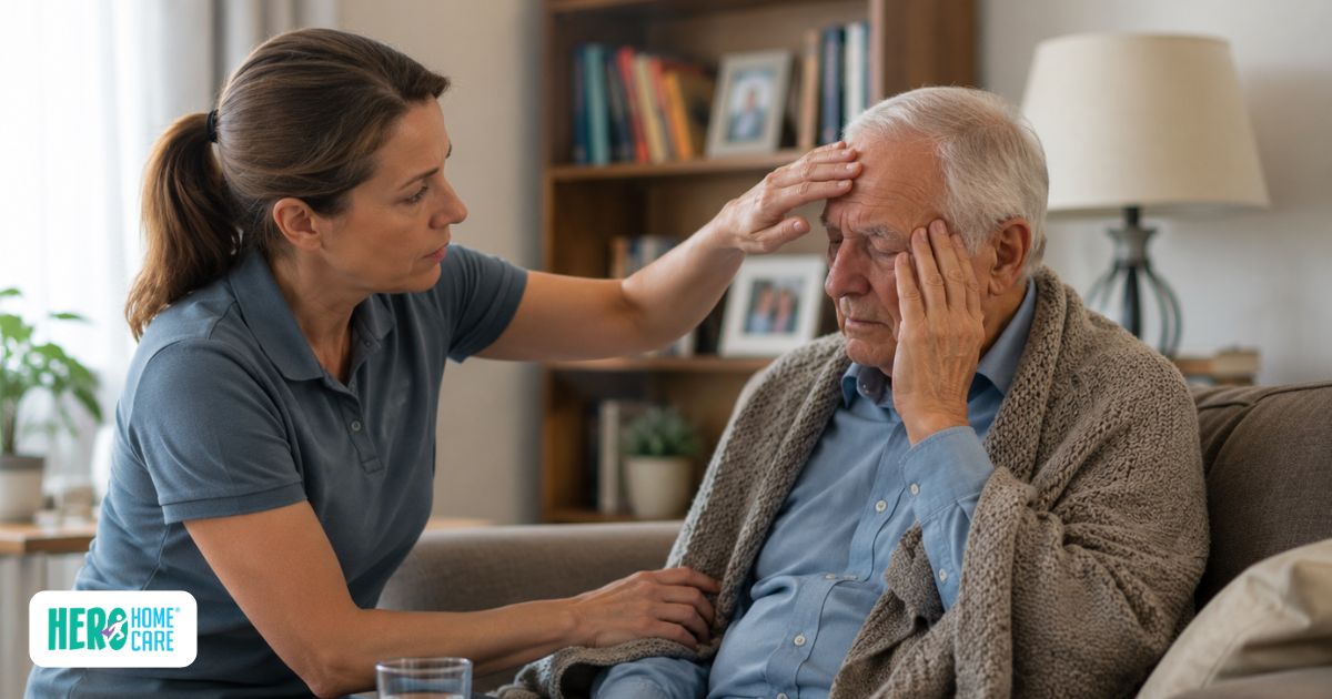 Caregiver checking for physical discomfort, illness, or pain before responding to dementia-related agitation