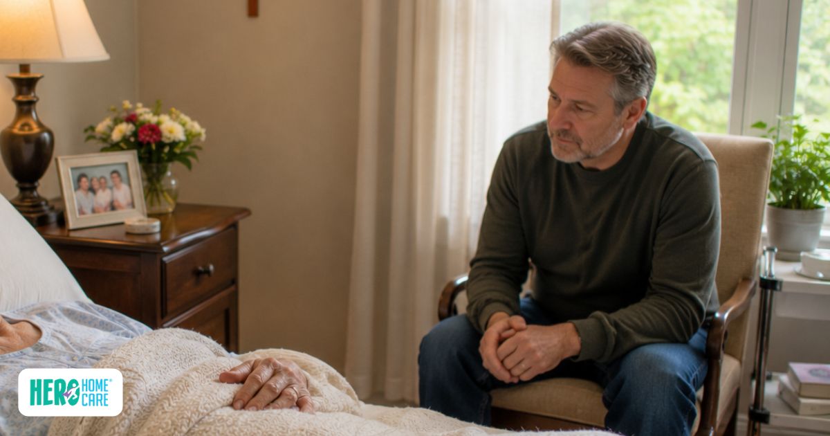 Family member sitting quietly at the bedside of a loved one during the final stage of end-of-life care at home