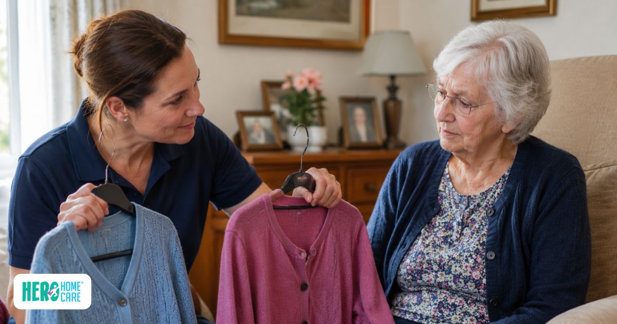 Caregiver offering simple choices to an older adult who is reluctant to accept help or personal care