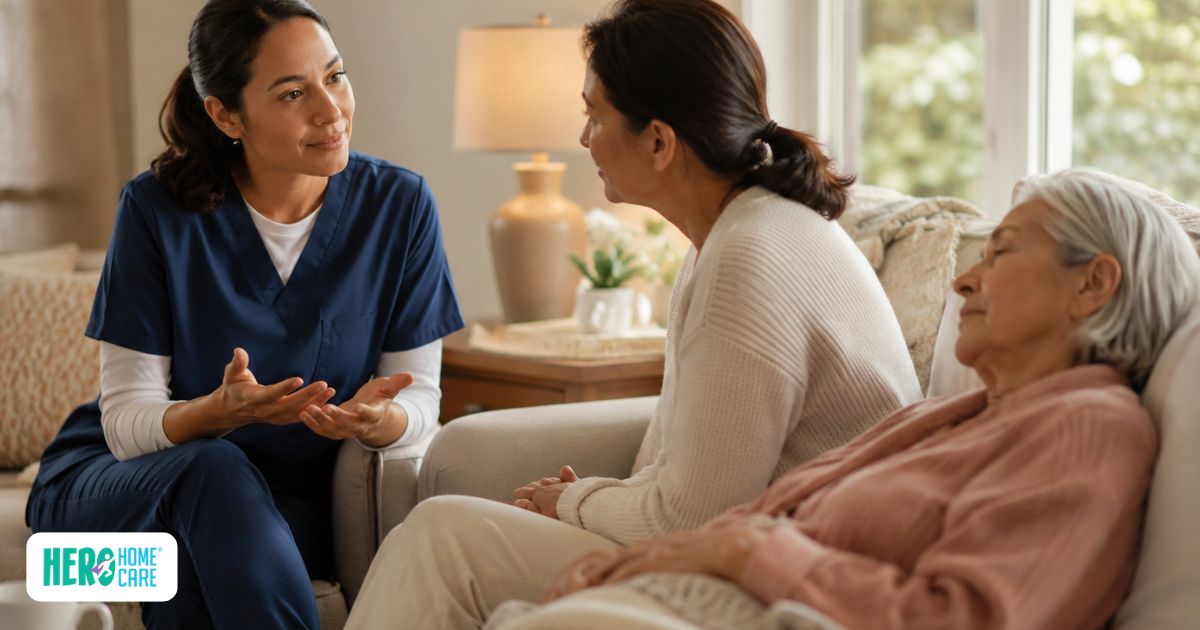 Nurse reassuring a family caregiver while an older adult rests comfortably nearby, illustrating common myths about appetite at the end of life.