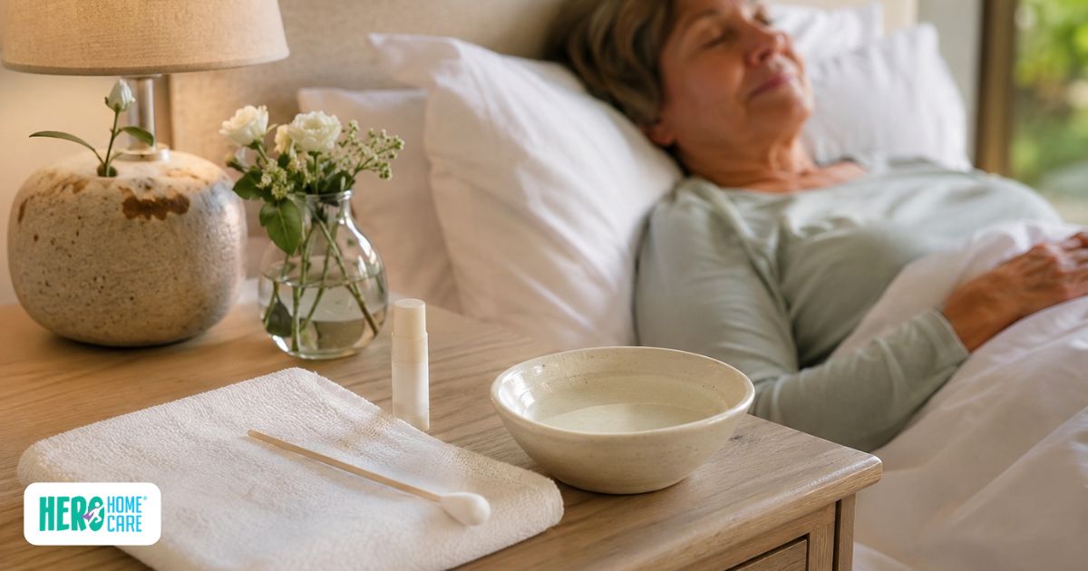 Bedside table with an oral swab, lip moisturizer, and bowl of water beside an older adult resting comfortably, illustrating hydration and mouth care during advanced illness.