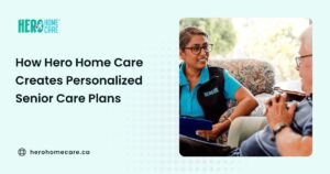 Hero Home Care caregiver meeting with an older adult to discuss a personalized senior care plan during an in-home care consultation.