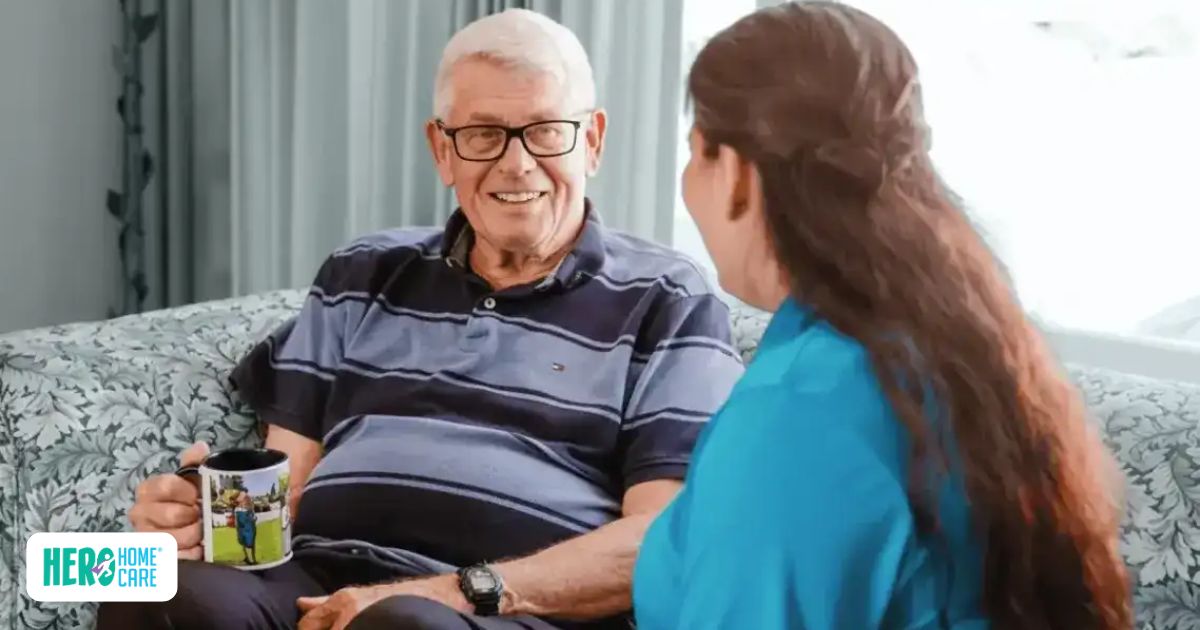 Hero Home Care caregiver meeting with an older adult during an in-home consultation to develop a personalized senior care plan based on individual needs and goals.