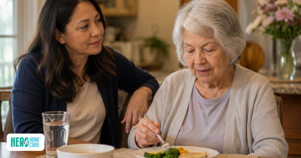 Family caregiver offering calm support while an older adult eats a small meal, illustrating why you should not force an elderly person to eat.