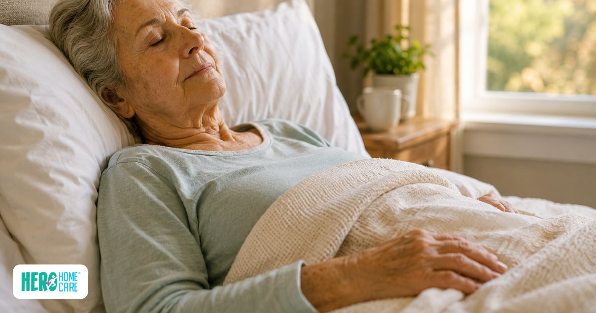 Older adult resting peacefully in bed, illustrating the body's natural slowing as eating stops during advanced illness.