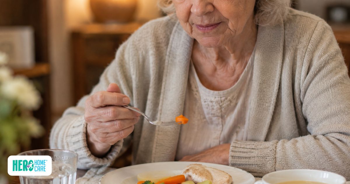 Older adult slowly eating a small meal, illustrating reduced appetite as a common change that may occur during end-of-life care.