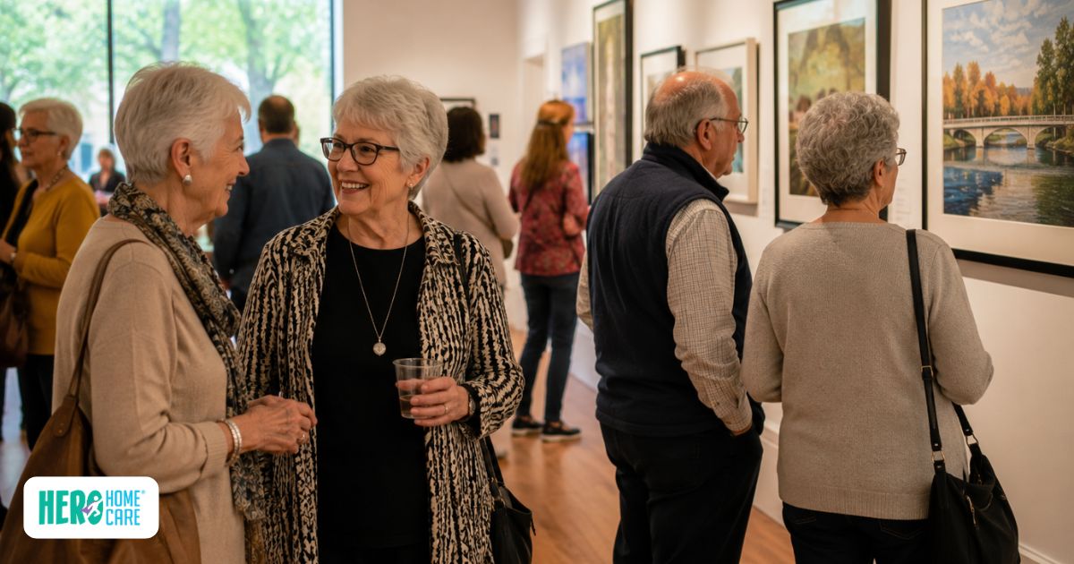 Older adults enjoying cultural activities while visiting a local art gallery exhibition in North Vancouver.