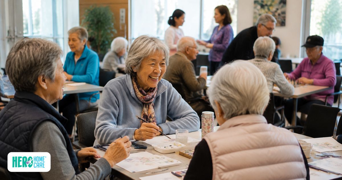 Seniors enjoying social and creative activities in an adult day program that supports dementia resources and community engagement.