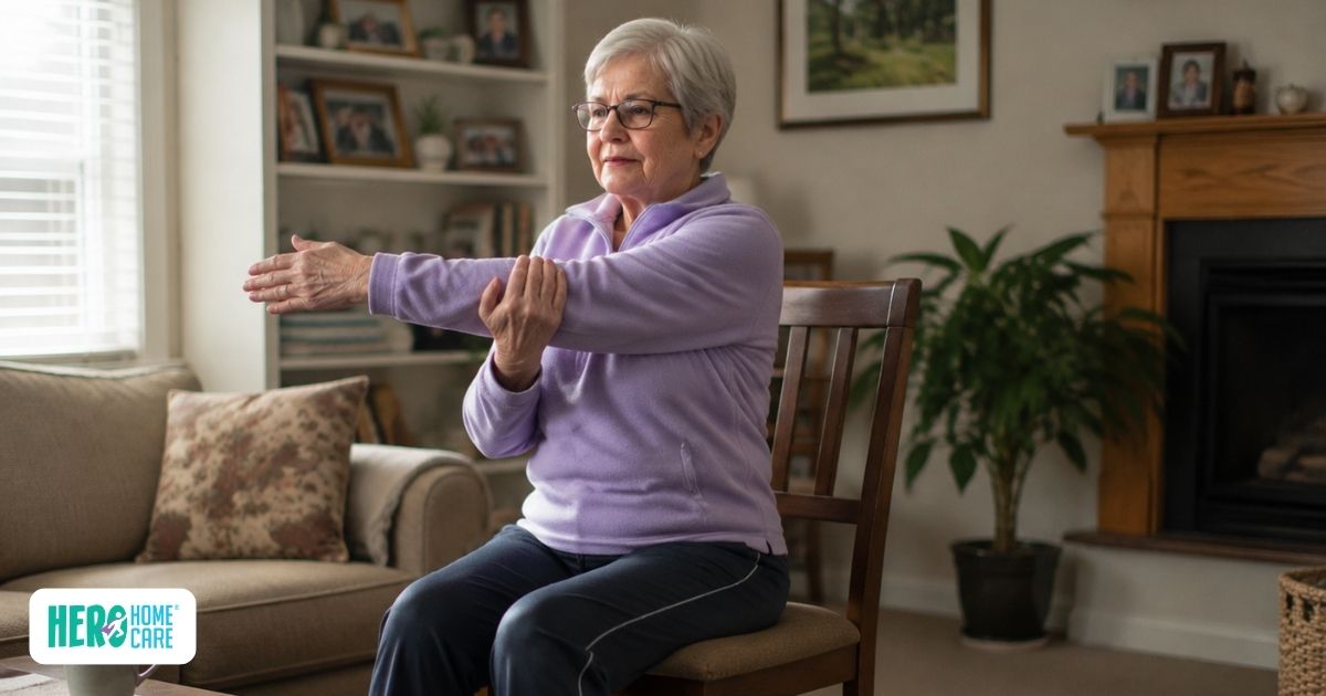 Older adult with COPD performing gentle seated stretching at home, supporting appropriate physical activity while adapting exercise to individual stamina, symptoms, and healthcare recommendations.