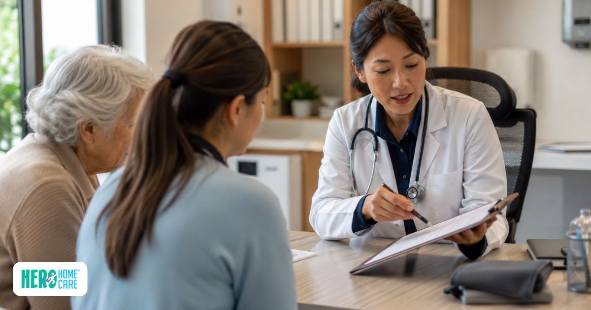 Healthcare provider discussing care options with an older adult and family caregiver during a medical consultation in North Vancouver.