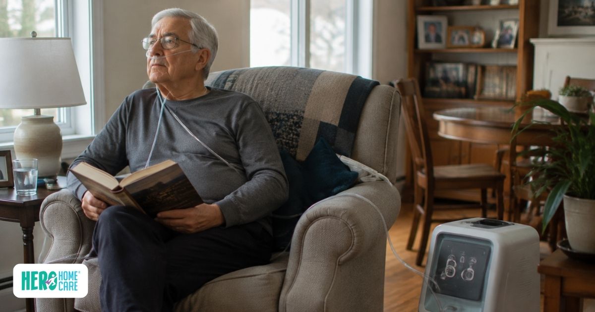 Older adult using prescribed oxygen therapy at home while engaging in a quiet daily activity, illustrating safe oxygen use, respiratory support, and maintaining independence with COPD management.