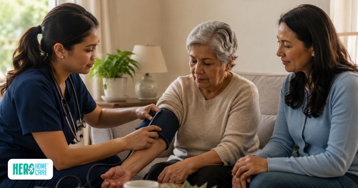 Older adult receiving a blood pressure check during a home healthcare visit in North Vancouver.
