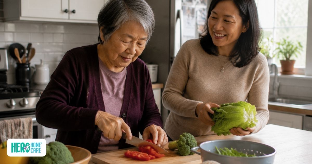 Family caregiver supporting an older adult with COPD during a meal preparation activity at home, illustrating practical assistance, companionship, and shared routines that help maintain independence and daily wellbeing