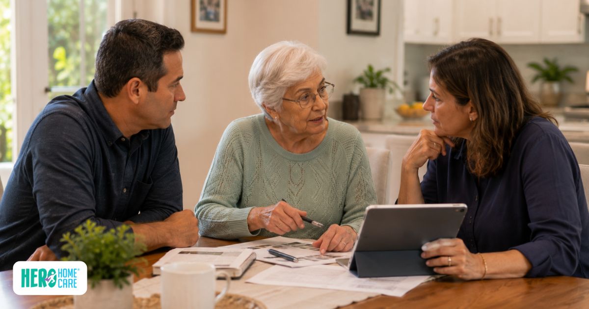Senior discussing care planning with family members to choose the most appropriate senior resources for their situation in North Vancouver.