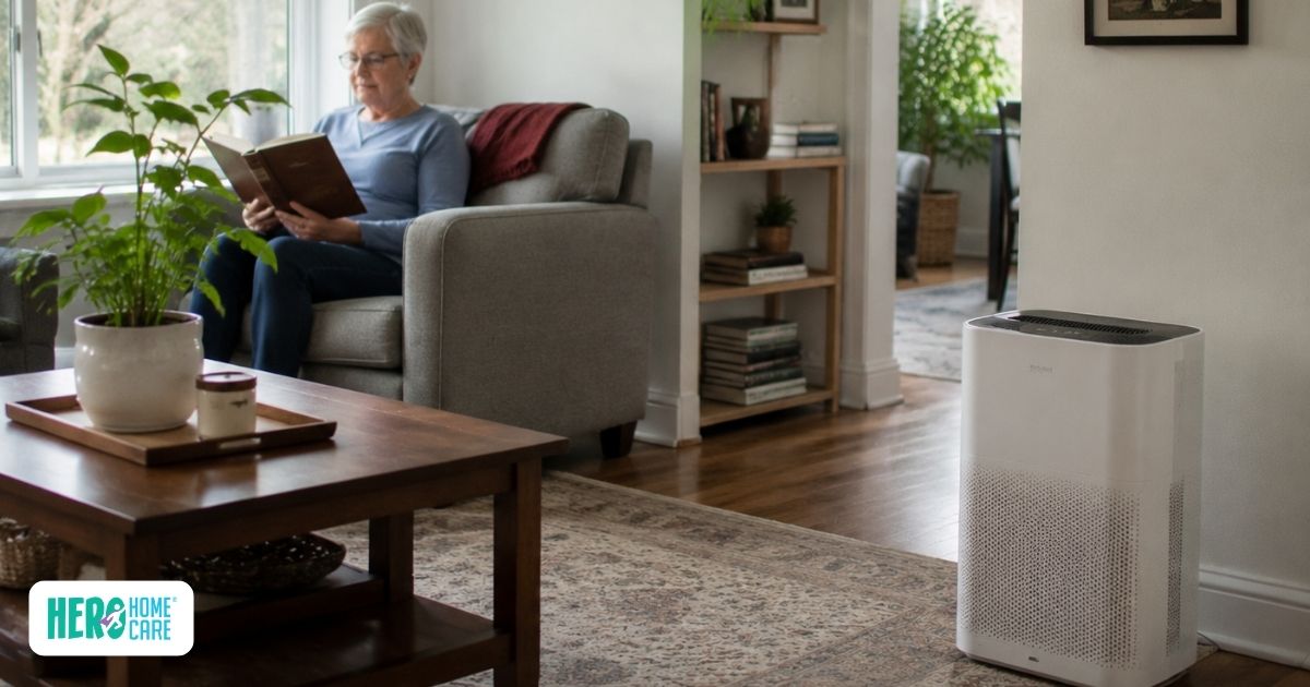 Older adult with COPD relaxing in a clean, comfortable home environment with an air purifier nearby, illustrating indoor air quality considerations and simple home adjustments that support daily comfort and easier living.