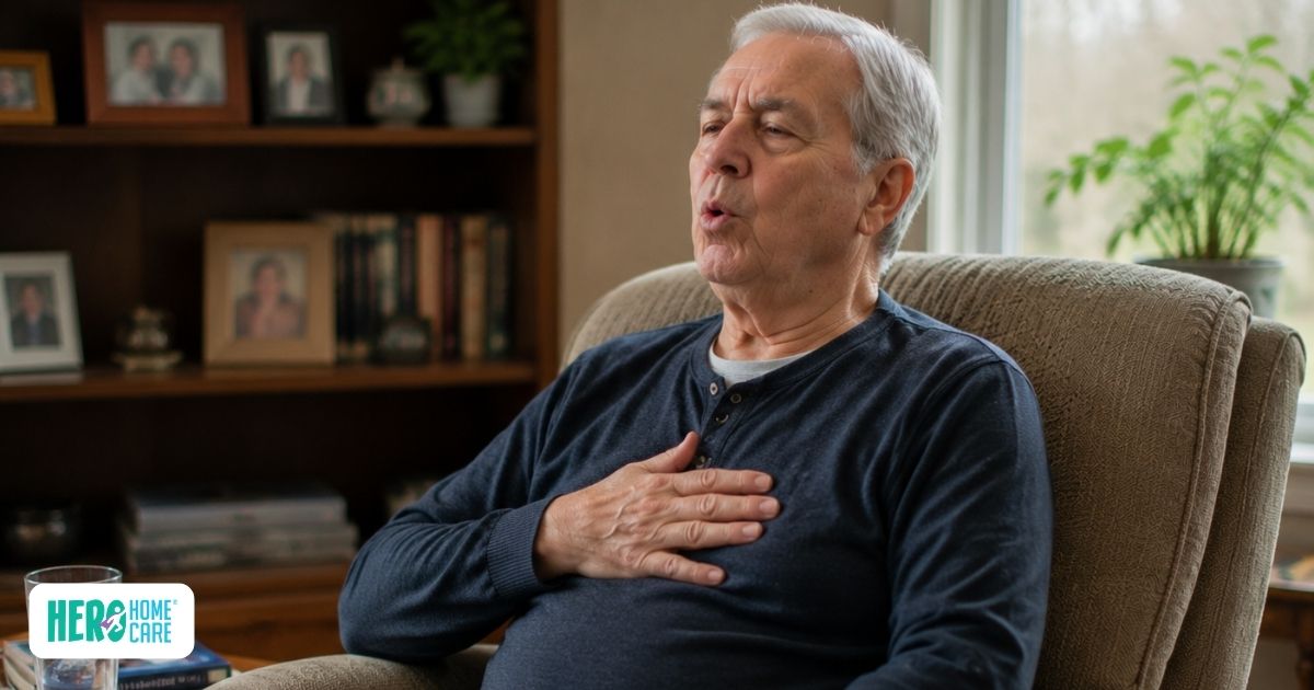 Older adult with COPD practicing controlled breathing at home while seated comfortably, illustrating strategies for managing shortness of breath and adapting daily activities to support comfort and independence.